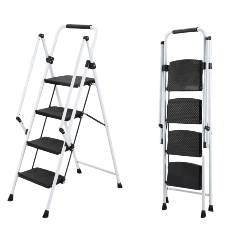 Escalera plegable de 4 escalones de acero sólido que ofrece máxima estabilidad con mango alto