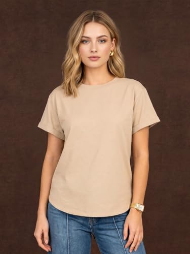 Image of JUNEBERRY Pure 100% Cotton Oversized Loose Fit Drop Shoulder Round Neck Boyfriend Fit Solid Half Sleeves T-Shirt for Women & Girls (Sizes: S to 2XL)