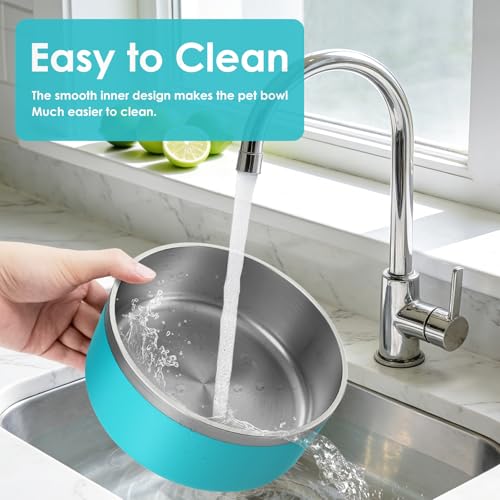 Image of IKITCHEN Dog Bowl for Food and Water, 64 Oz Stainless Steel Pet Feeding Bowl, Durable Non-Skid Double Wall Insulated Heavy Duty with Rubber Bottom for Medium Large Dogs (64 Ounces /8 Cup, Lakeblue)