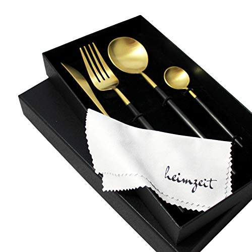 heimzeit Juego de Cubiertos de acero inoxidable 18/10 - Color: Oro-Negro - Cubertería elegante para 1 Persona, 4 Piezas (Cuchillo, Tenedor, Cuchara, Cucharilla) - Apto para lavavajillas Cover