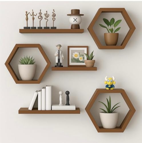 Image of Hexagon Wall Shelves Set of 6 | Wooden Floating Wall Shelf for Home Decor | Honeycomb Design Wall Rack for Living Room, Bedroom & Office (Brown)