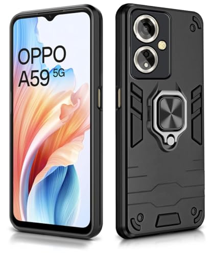 Image of WOW IMAGINE Shock Proof Back Case Mobile Cover for Oppo A59 5G | Bumper Back Cover Case (Tough Armor | Hybrid PC + TPU | Full Protection with Ring Holder & in-Built Kickstand | Black)