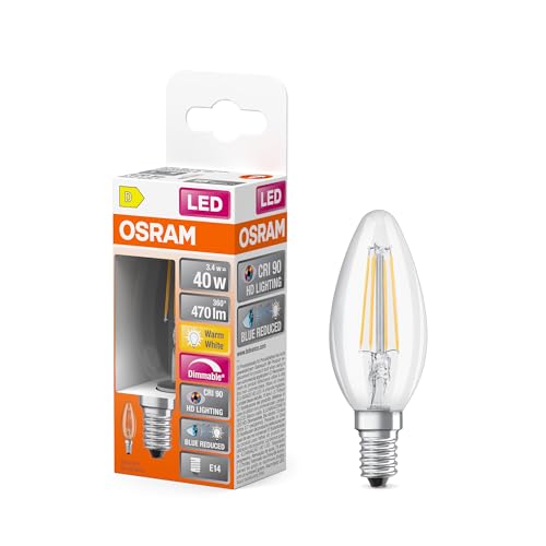 Osram Superstar dimmbare LED-Lampe mit besonders hoher Farbwiedergabe (CRI90) für E14-Sockel Filament-Optik Warmweiß (2700K) 470 Lumen Ersatz für herkömmliche 40W-Leuchtmittel dimmbar 1-er Pack