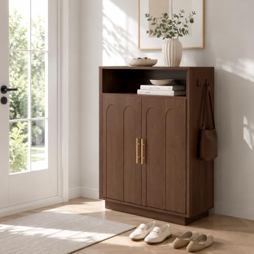 Image of Shoe Cabinet with Arched Doors, 43 inch Tall Large Hidden Shoe Storage Cabinet with Adjustable Shelves, 5-Tier Mid Century Modern Shoe Rack Organizer for Entryway Hallway Living Room, Walnut
