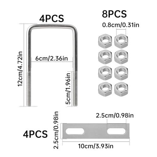 Jiavlyx 4 Stück M8 Edelstahl U Bolzen, 120 * 60mm U Bügel, Mit 8 Muttern und 4 Gegenplatte, Bügelbolzen, Vierkant-Bügel, Bügelschelle, Quadratische U Bolzen, Für Rohr Befestigung Auto Abschleppen