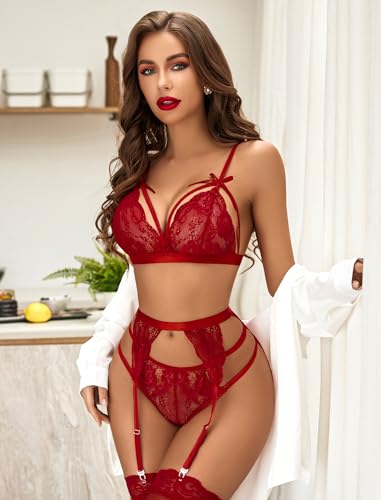 Image of Avidlove Women Lingerie Set Lace Teddy Strap Babydoll Bodysuit with Garter Belts
