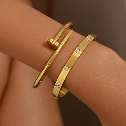 18K Gold Plated Love Nail Bangle Bracelet Set Stackable Dupes Stainless Steel Bangle Set for Love Trendy Jewelry3