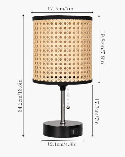 Image of Homesake Bedside Lamp for Bedroom Nightstand Table Light with USB A | C Charging Port, Desk Lamp, Pull Chain Light, Side Table Desk Reading Lamp, Living Room Gift, (Rattan Cane Cylinder)