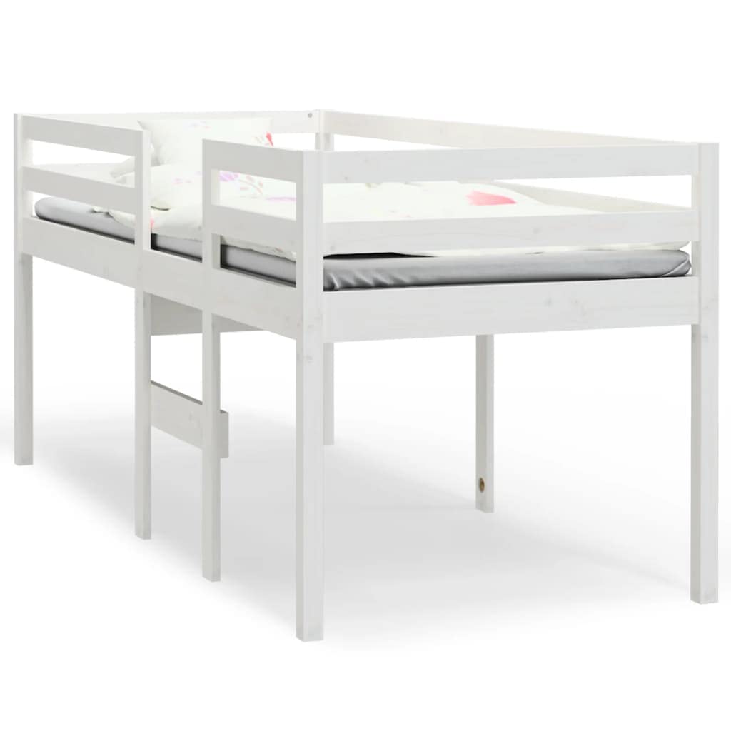 Cama alta blanca de 80 x 200 cm de madera de pino maciza, estructura de cama robusta para niños y jóvenes, mueble de dormitorio que ahorra espacio, diseño seguro con escalera y barandilla
