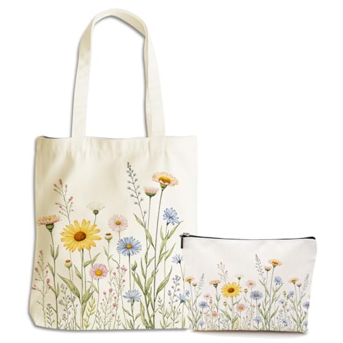 Aesthetic Flower Canvas Tote Bag Makeup Bag, Cosmetic Bags for Women Girls Sister Friend Plant Lovers Reusable Grocery Bags with Inner Pocket for Shopping Gym Christmas Birthtday Thank You Gifts