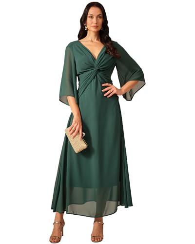 Women's Formal Cocktail Wedding Guest V Neck Long Chiffon Maxi Dresses A-Line 3/4 Sleeve Elegant Bridesmaids Dress