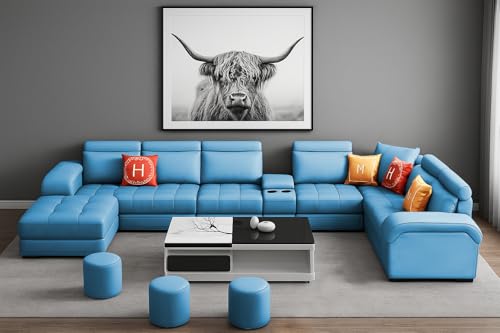 Image of Casaliving Emerson Modern U-Shaped Sectional Sofa Set 9 Seater, Sofa Couch with 3 Puffy for Hall (Turquise Colour) Premium Leatherette Fabric Sofa Set for Living Room
