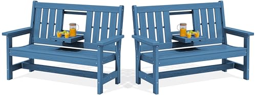 Image of SERWALL HDPE Outdoor Bench with Cup Holder Oversized 58 inch Porch Bench, Navy