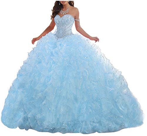 Women's Organza Ruffles Quinceanera Beaded Sweetheart Prom Ball Gown