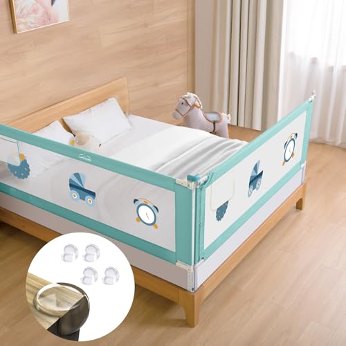 Image of Safe-O-Kid 1-Year Warranty 6 Feet /180Cms Baby Metal Bed Rail with Extra Mesh Cloth Prevents from The Gap, Adjustable Height, Baby Safety Bed Railing, Bed Guard for Babies, Green-Pack of 2