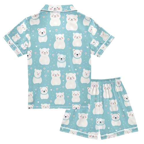 senya White Bear Heart Satin Summer Pajama Sets Silk Short Sleeve Button Down Sleepwear2