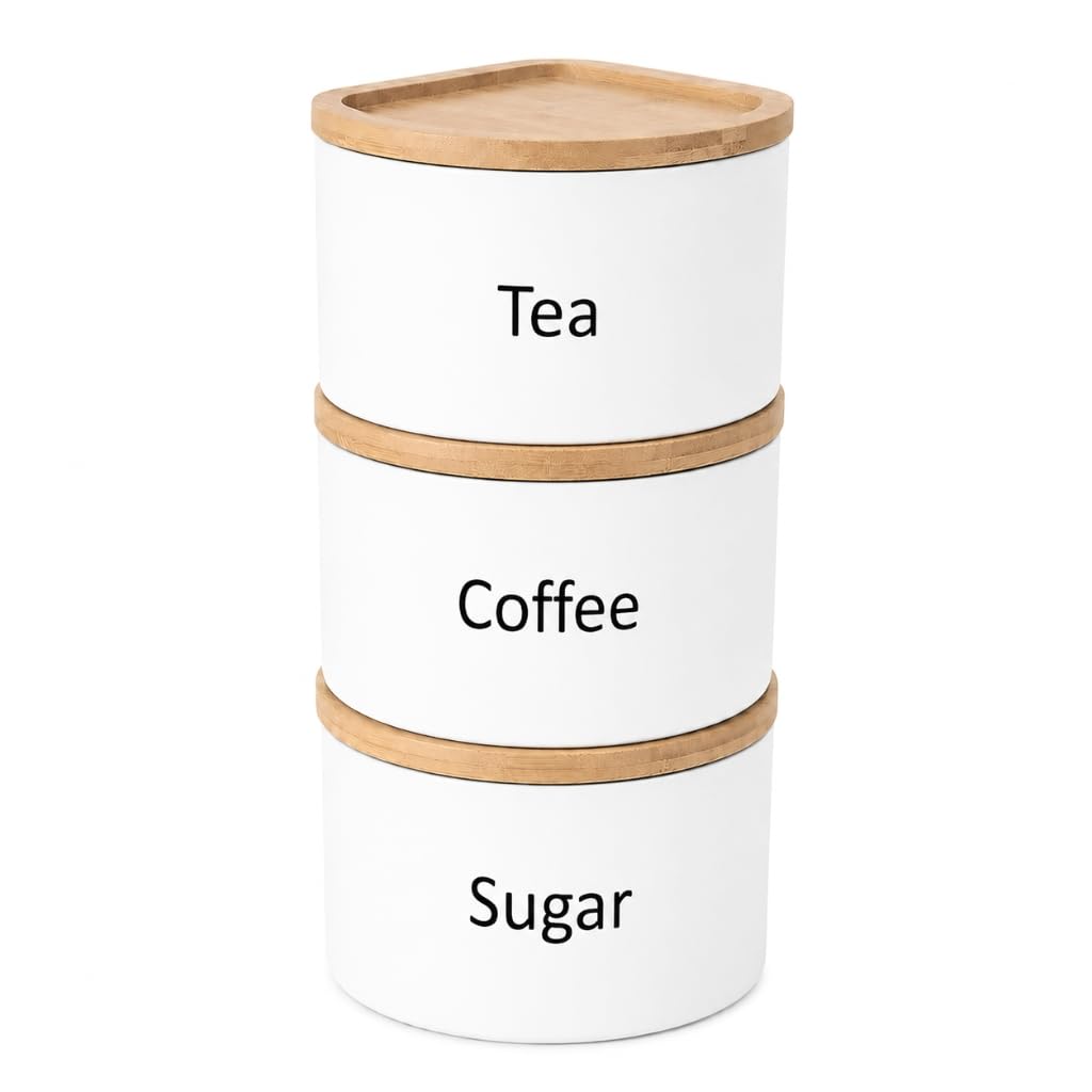 EHC Tea Coffee Sugar Canister Set, Set of 3 Stackable Kitchen Canisters Sets, Airtight Jars Easy Open Corner Space Saving Design, White