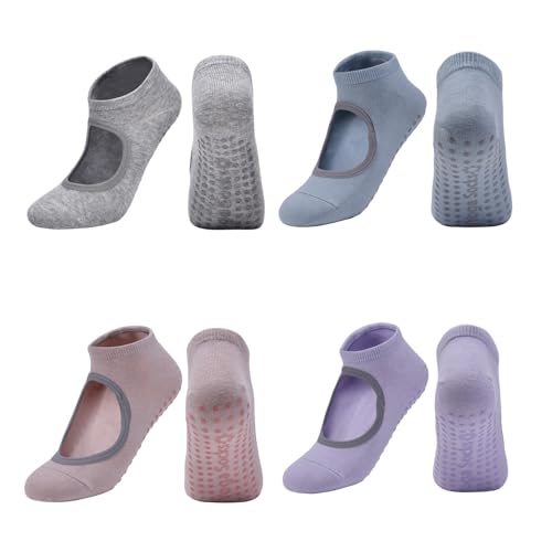 Women Non Slip Grip Ankle Socks with Anti-Skid Soles Cushioned for Yoga, Pilates, Cardio, Hospital, Home, Walking, Size 5-9 (US, Numeric, 5, 9, Regular, Regular, Y4Pairs-Grey/Blue/Pink/Purple)