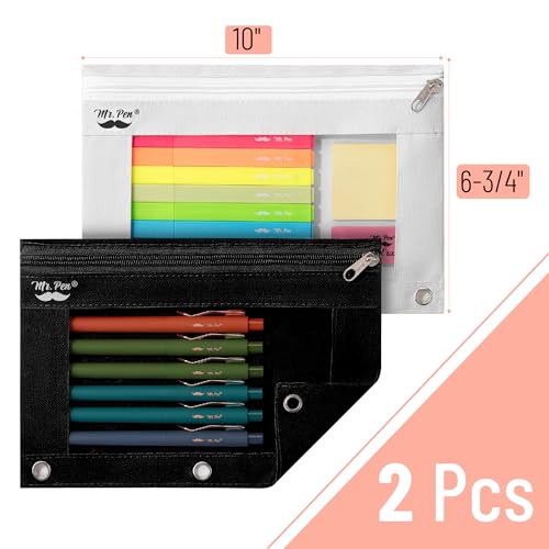 Image of Mr. Pen- Pencil Pouch for 3 Ring Binder, 2 Pack, 10 inchx6.75 inch, Smooth Zipper | Clear Window, Large Capacity Pencil Case with 3 Reinforced Grommets for School, Office, Supplies Storage | Clear Window, Large Capacity Pencil Case with 3 Reinforced Grommets for School, Office, Supplies Storage