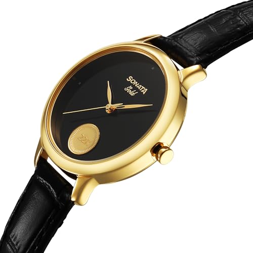 Image of Sonata Gold Quartz Analog Black Dial Leather Strap Watch for Women