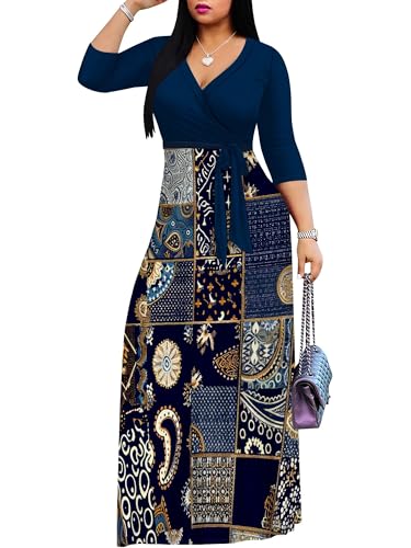 Image of PinkPatty Plus Size Maxi Dress for Women Casual V Neck 3 /4 Sleeve Boho Printed Long Dress with Pockets