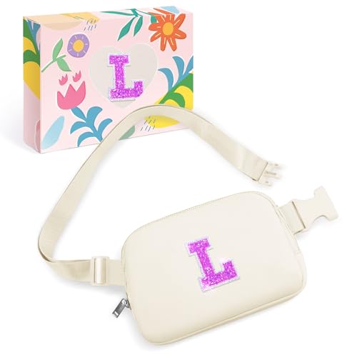 Image of COSHAYSOO Initial Letter Fanny Pack for Girls Personalized Birthday Gifts for 6 7 8 9 10 11 12 Year Old Teen Girl, Girly Fashion Crossbody Purse Belt Bag Preteen Tween Purse Ivory L