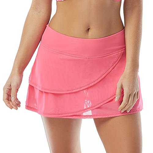 Coco Reef Mesh Layer Swim Skort — Wide Waistband, Tiered Swim Skirt, Attached Boy Shorts, Vivid Pink, X-Large