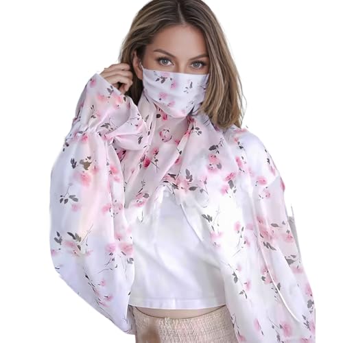 Women Sun Protection Floral Scarf Shawl,Lightweight Cardigan Chiffon Print Mask Integration Cycling Fishing Driving