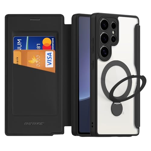 Image of DUX DUCIS for Samsung Galaxy S25 Ultra Case with MagSafe, 360Spin Magnetic Kickstand, Premium PU Leather Wallet Case Flip with RFID Blocking Clear Shockproof Phone Cases Cover (Black)