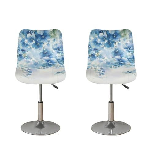 Image of Blue Flowers Bar Chair Stool Cover 2 Pack Stretch Chair Slipcover for Counter Height Bar Stool Anti-Scratches Spills Chair Covers