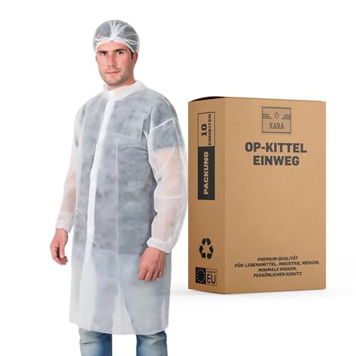 XARA Schutzkittel Einweg - Einweg-Schutzkittel – Einwegkittel – Einheitsgröße - Größe XL -112 x 138cm - TNT Polypropylen 25 gr - Einwegkittel mit Kontaktverschluss - Atmungsaktiv - 10 Stück