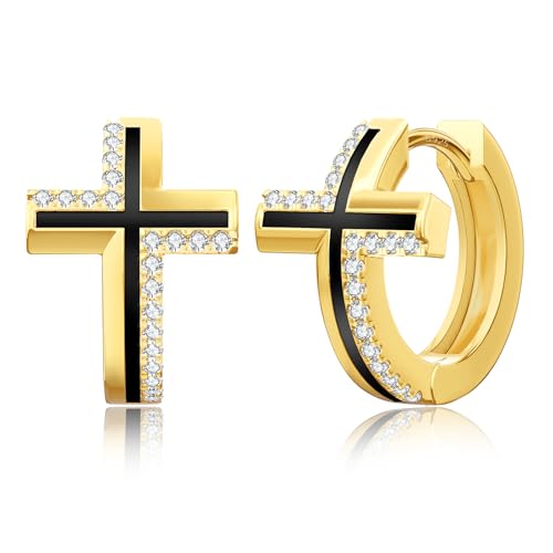 KRKC&CO Hoop Earrings Men with Cross, Black and Silver 14K Gold Plating Cubic...