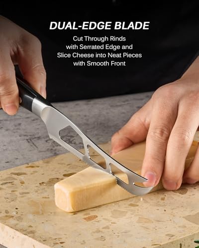 Image of KYOKU 5 in. Serrated Cheese Knife, Samurai Series Cheese Slicer with Hollow Blade Pakkawood Handle, German 1.4116 Stainless Steel Full Tang Knife for Hard Cheese with Protective Sheath & Gift Box