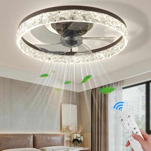 20" Modern LED Ceiling Fan with Lights Dimmable Acrylic Dimmable Low Profile Ceiling Fan Flush Mount Bladeless Chandelier Fan Stepless Color Temperature Change and 6 Speeds (Brown)