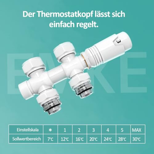 EMKE Multiblock Heizkörper Ventil-Armaturen, Hahnblock Heizungszubehör Eck und Durchgangsform 50mm, Ventilhahnblock Heizkörperventil mit Thermostat (Für 15mm+16mm Rohre * G1/2, 1 Stück, Weiß)