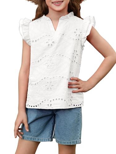 XMWEALTHY White T Shirts for Kids Girls Cute Summer Tops V Neck Ruffle Short Sleeve Blouses Casual Spring Tween Teen Shirts 5-6T