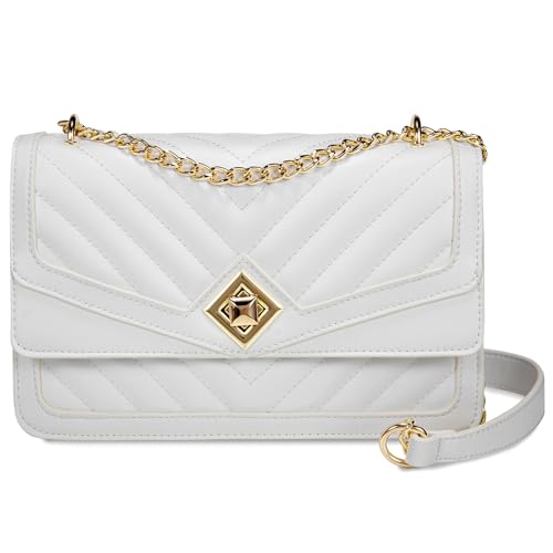 LOVEVOOK Bolsa tiracolo feminina de couro acolchoada com alça de corrente bolsa clutch moderna bolsa feminina para noite, Tipo V/branco