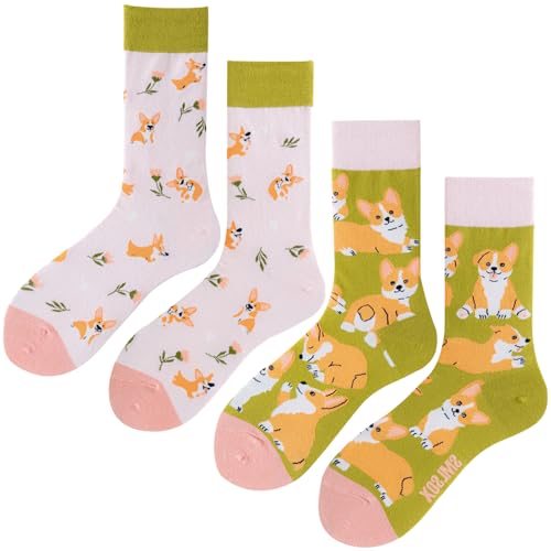 Image of 2 Pairs Cartoon Animal Crew Socks Fun Cotton Mid Calf Socks for Women