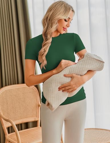 Ekouaer Woman 3 Packs Maternity Workout Top Short Sleeve Pregnancy Tshirts Side Ruched Pregnant Clothes Black/Grey/Dark Green S — view 2