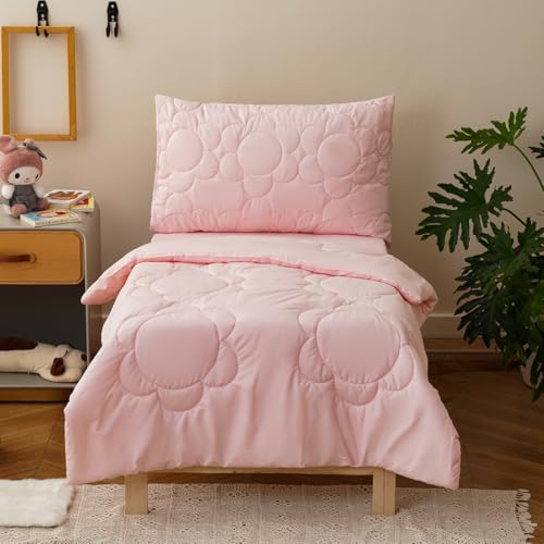 Image of CLOTHKNOW 4Pieces Pink Toddler Bedding Sets for Girls | Soft, All Season, Kids Comforter, Blush Comforter Sets, Blush Daisy Puff Bedding, Crib Bed Sets