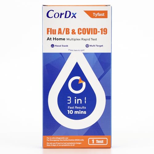 CorDx TyFast Flu A/B & Covid 19 Multiplex Rapid Test, 10 Mins at Home, FDA Authorized, 3 in 1 Combo Kit, 1 Test