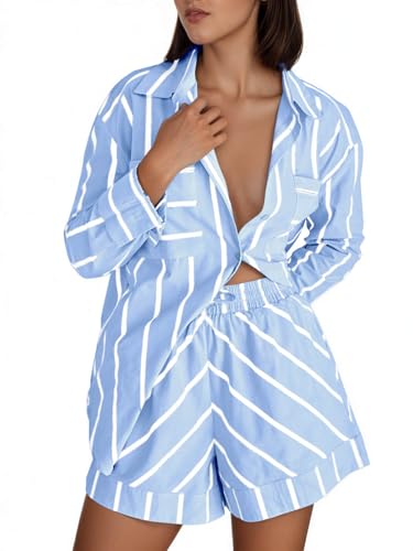 Image of Tankaneo Womens Striped 2 Piece Outfits Button Down Shirts and Shorts Lounge Matching Sets