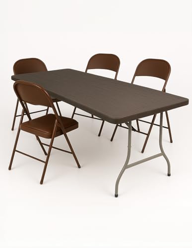 Jardin202 - Mesa Plegable Rectangular 180x70x74cm Catering | Mesa Resina con Patas de Acero Plegable para Eventos y terrazas (Marrón. +4 Sillas)