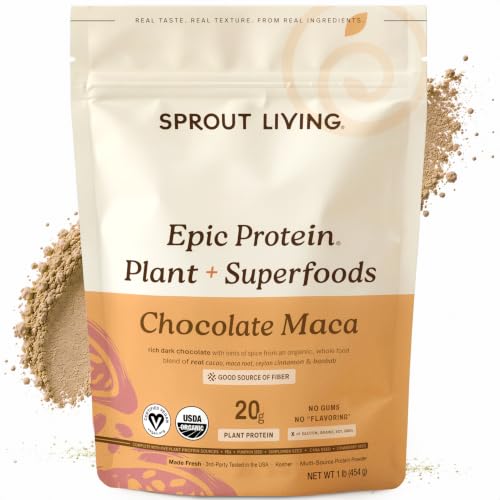 Image of Sprout Living Epic Protein, Plant Based Protein & Superfoods Powder, Chocolate Maca Powder | 20 Grams Organic Protein Powder, Vegan, Non Dairy, Non-GMO, Gluten Free, Low Sugar (1 Pound, 12 Servings)
