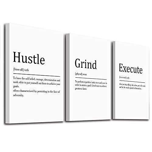 Hustle Grind Execute, Inspirational Wall Decor Art - Framed Canvas Office Decor, Quote Poster, Office Wall Art, White Large Poster, Positive Motivational Wall Art, 12x16inchx3pcs