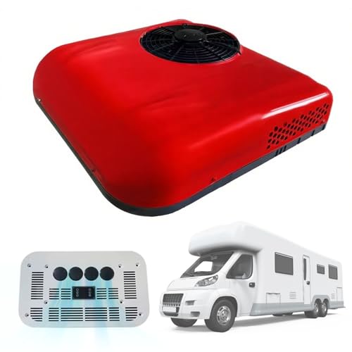 Aire Acondicionado para Autos 12V/24V - 2200W de Enfriamiento con Flujo de 450m³/h, Ultra Silencioso 20dB y Modo Sueño Automático, Montaje en Techo Delgado de 14.5cm para Autocaravana/Camión Red-24V
