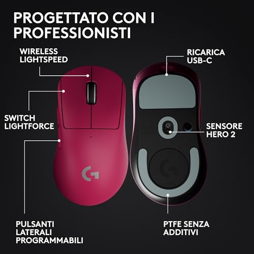 PRO X SUPERLIGHT 2 DEX LIGHTSPEED mouse da gaming wireless, Pro-Grade, leggero, 60 gramos, 5 pulsanti programmabili, sensore a 44.000 DPI, 8K Polling, ricarica USB-C, per PC/Mac - Rosa - Mouse gaming - Immagine 5