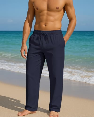 Image of PIDOGYM Mens Cotton Linen Pants Beach Casual Pajama Pants with Pockets | Elastic Waist Drawstring, Lightweight, Wide Leg Loose Design, Vacation Summer Outfits, Baggy Dress Trousers, Yoga for Women