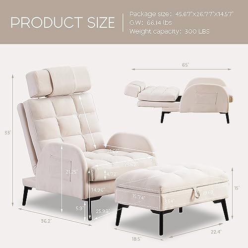 HCHAIRH Accent Chair with Ottoman Set, Accent Chairs and Ottoman Storage, Adjustable Backrest, Modern Reading Lounge Chair with Side Pocket for Living Room, Bedroom, White