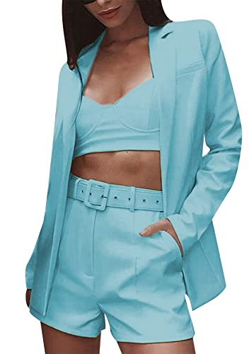 GORIFE Women's 2 Piece Open Front Suit Long Sleeve Slim Fit Blazer High Waist Solid Shorts Suit Sets